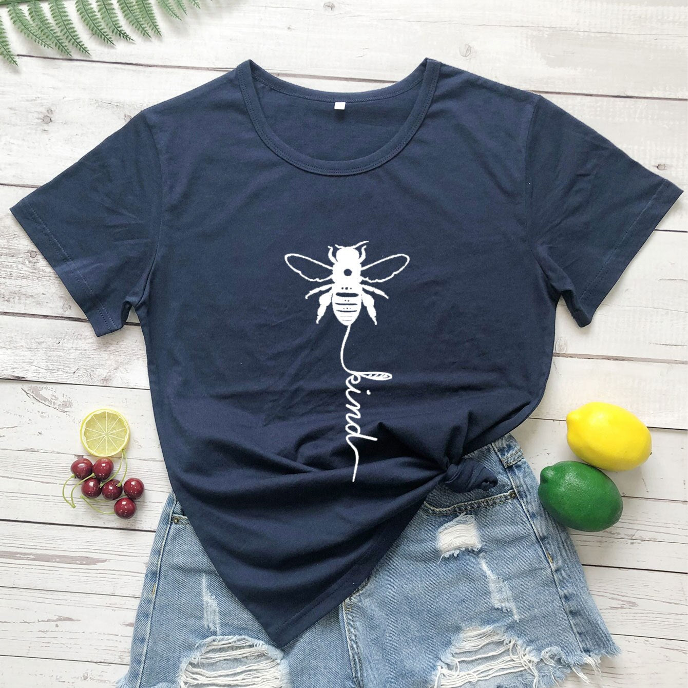 Cotton T Shirt Bee Kind Print Women Short Sleeve O Neck Loose Tshirt 2020 Summer Tee Shirt Tops