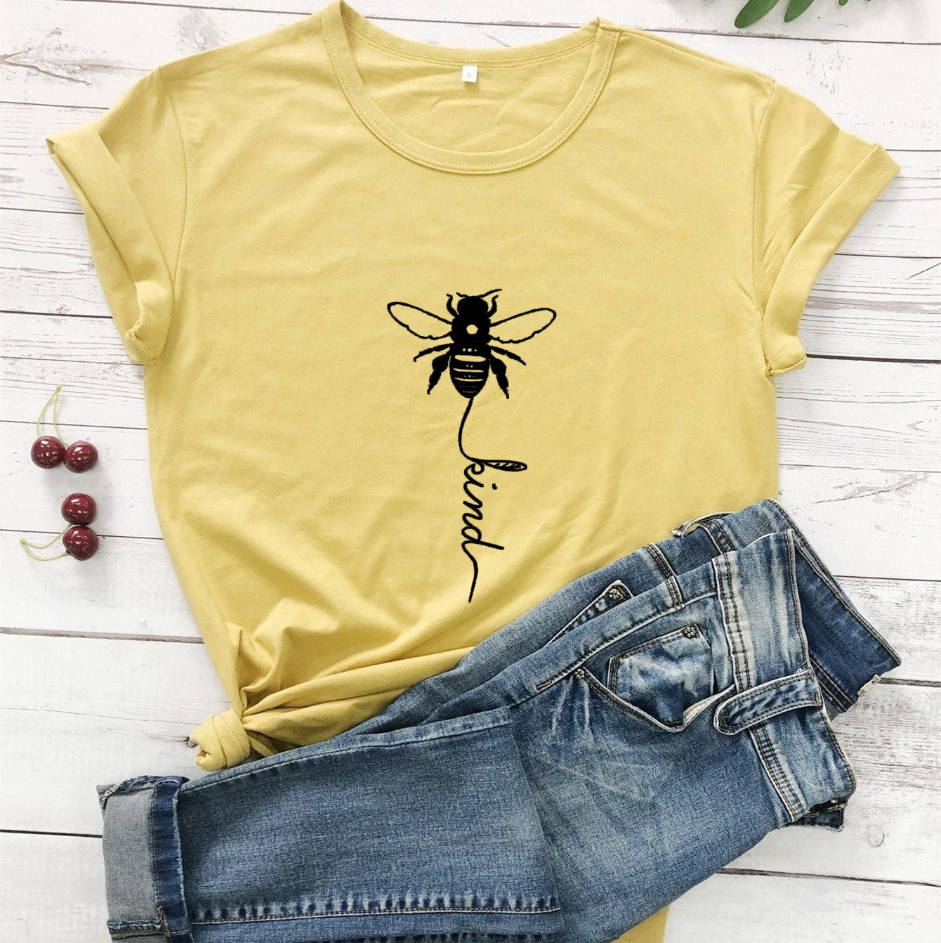 Cotton T Shirt Bee Kind Print Women Short Sleeve O Neck Loose Tshirt 2020 Summer Tee Shirt Tops