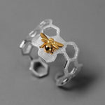 Amxiu 925 Sterling Silver Handmade Jewelry Adjustable Open Ring Gold Bee Honeycomb Rings for Women Bijoux Party Gift Accessories - Trend Catalog