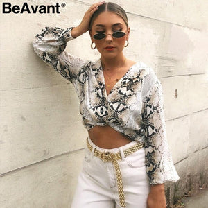 V neck snake print feminine blouse shirt Casual long sleeve blouse women top shirt Fashion snakeskin winter blouse 2018 - Trend Catalog