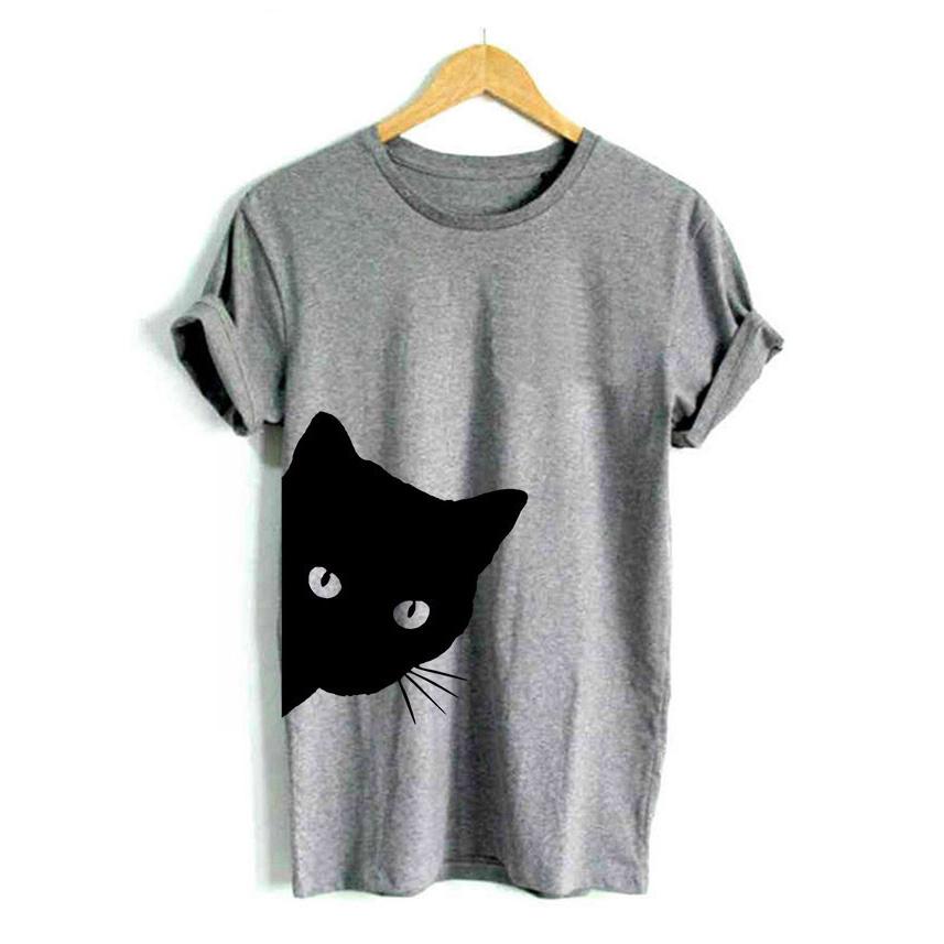 Cat Looking Out Side Funny T-Shirt Women's Cotton Casual Top Tee - Trend Catalog