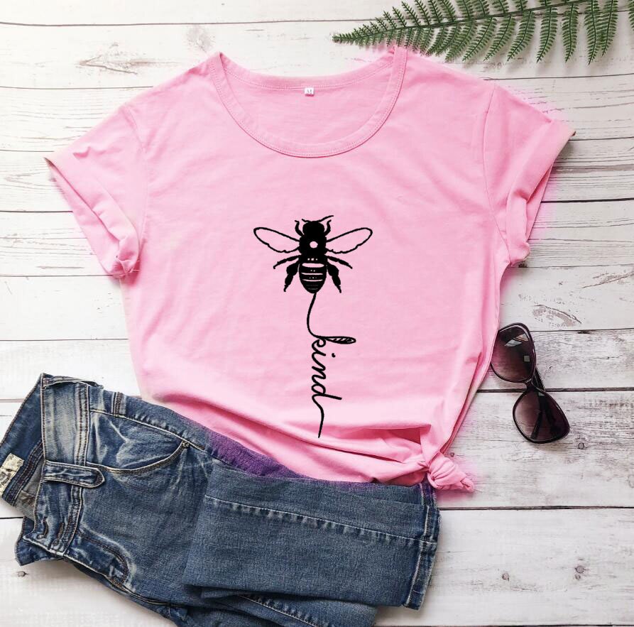 Cotton T Shirt Bee Kind Print Women Short Sleeve O Neck Loose Tshirt 2020 Summer Tee Shirt Tops