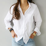 Spring One Pocket Women's Shirt Feminine Blouse Top Long Sleeve Casual White Turn-down Collar OL Style Women Loose Blouses - Trend Catalog