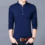 T-Shirt Men Spring Autumn New Cotton T Shirt Men Solid Color Chinese Style Mandarin Collar Long Sleeve Top Tee - Trend Catalog - 