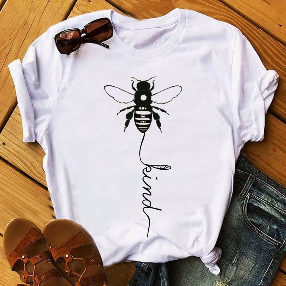 Cotton T Shirt Bee Kind Print Women Short Sleeve O Neck Loose Tshirt 2020 Summer Tee Shirt Tops