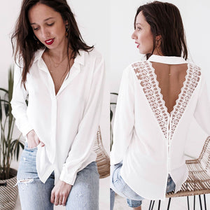Womens Lace Tops and Blouses Office Lady OL Long Sleeve V Neck Harajuku Shirt Lace chemise blusas femininas elegante