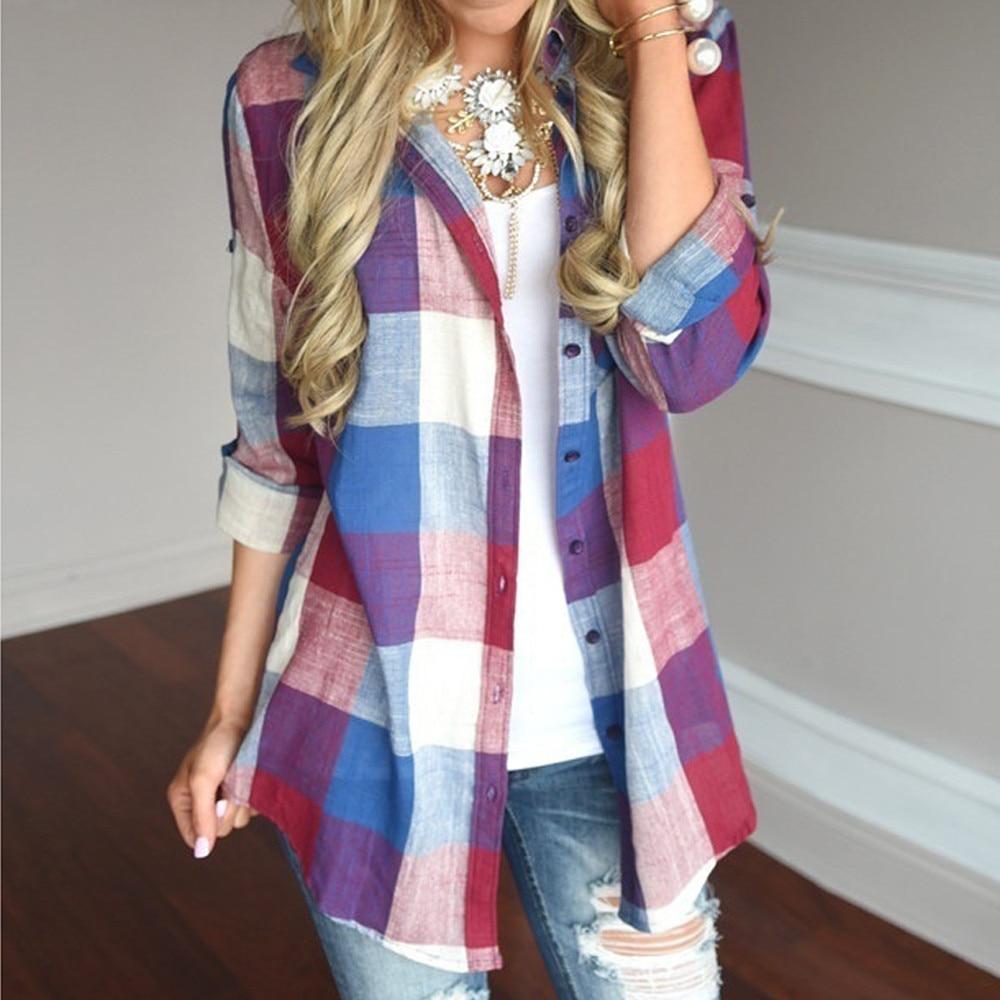 womens tops and blouses Female Casual Matching Color Long Sleeve Button Loose Plaid Shirt Top - Trend Catalog