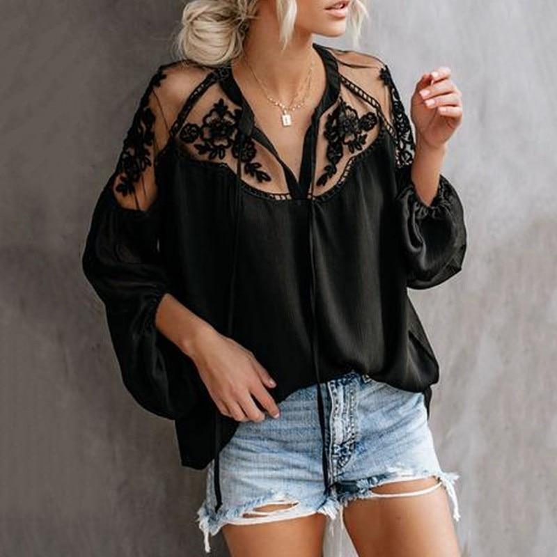 Women's V-Neck Casual Lace Mesh Stitching Long Sleeve Perspective Ruched Blouse - Trend Catalog