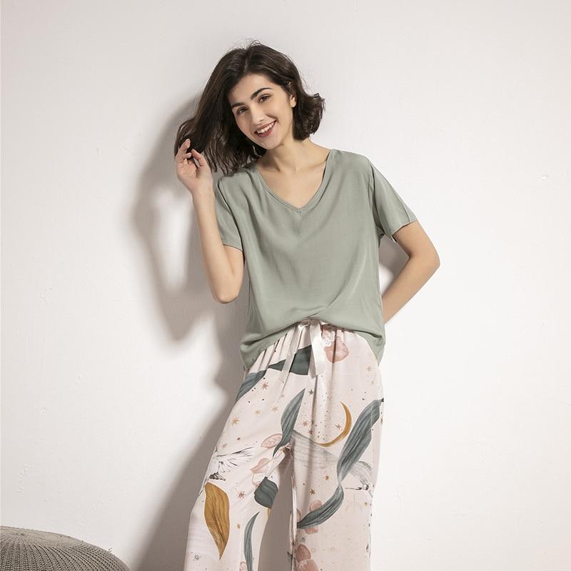 Floral Printed Pyjama Sleepwear Female Casual V Neck Short Sleeve Elastic Waist Nightwear Retro Women's Pajamas Sets - Trend Catalog