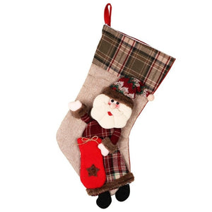 Warm Large Christmas Stocking Santa Claus Sock Plaid Burlap Gift Holder Christmas Tree Decoration New Year Gift Candy Bags