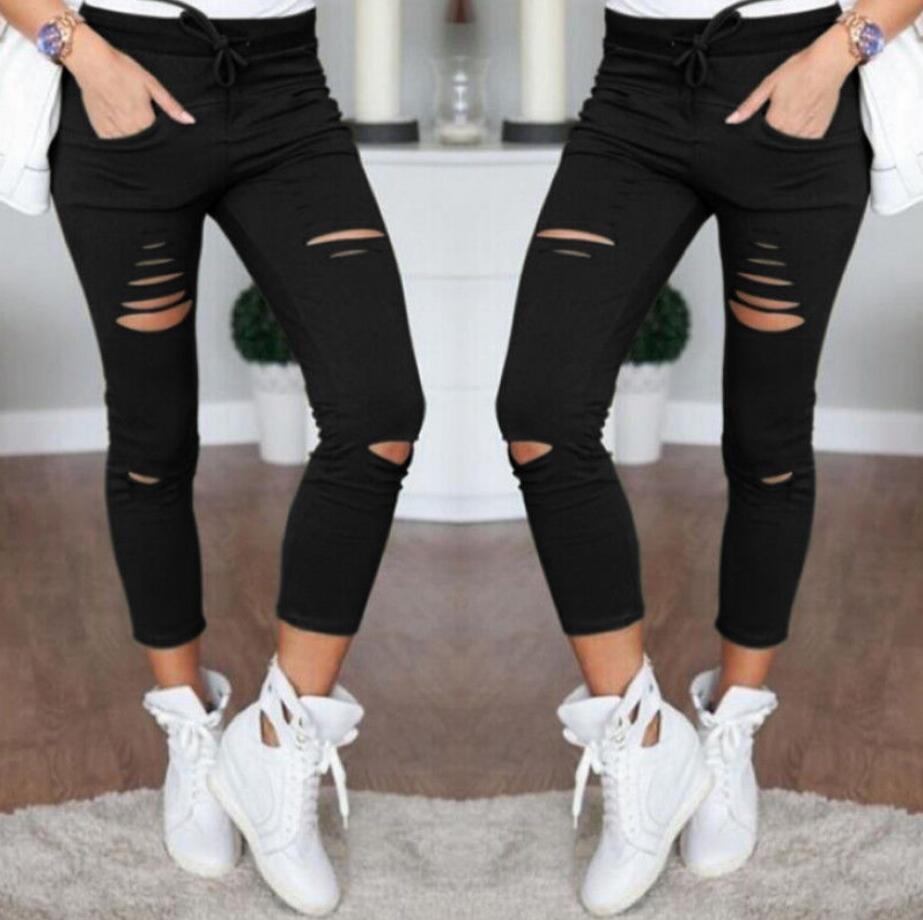 Skinny Jeans Women Denim Pants Holes Destroyed Knee Pencil Pants Casual Trousers Black White Stretch Ripped Jeans - Trend Catalog - 