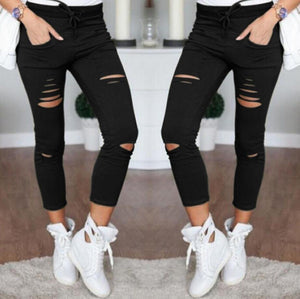 Skinny Jeans Women Denim Pants Holes Destroyed Knee Pencil Pants Casual Trousers Black White Stretch Ripped Jeans - Trend Catalog - 