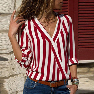 Women Striped Blouse Shirt Long Sleeve Blouse V-neck Shirts Casual Tops Blouse et Chemisier Femme Blusas Mujer de Moda - Trend Catalog