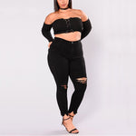 Women Holes Plus Size Jeans Pants Skinny Elastic Pencil Pants Mid Waist Black Jeans Woman Casual Spring 2-7XL Trousers