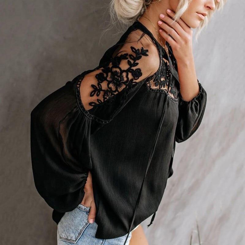 Women's V-Neck Casual Lace Mesh Stitching Long Sleeve Perspective Ruched Blouse - Trend Catalog