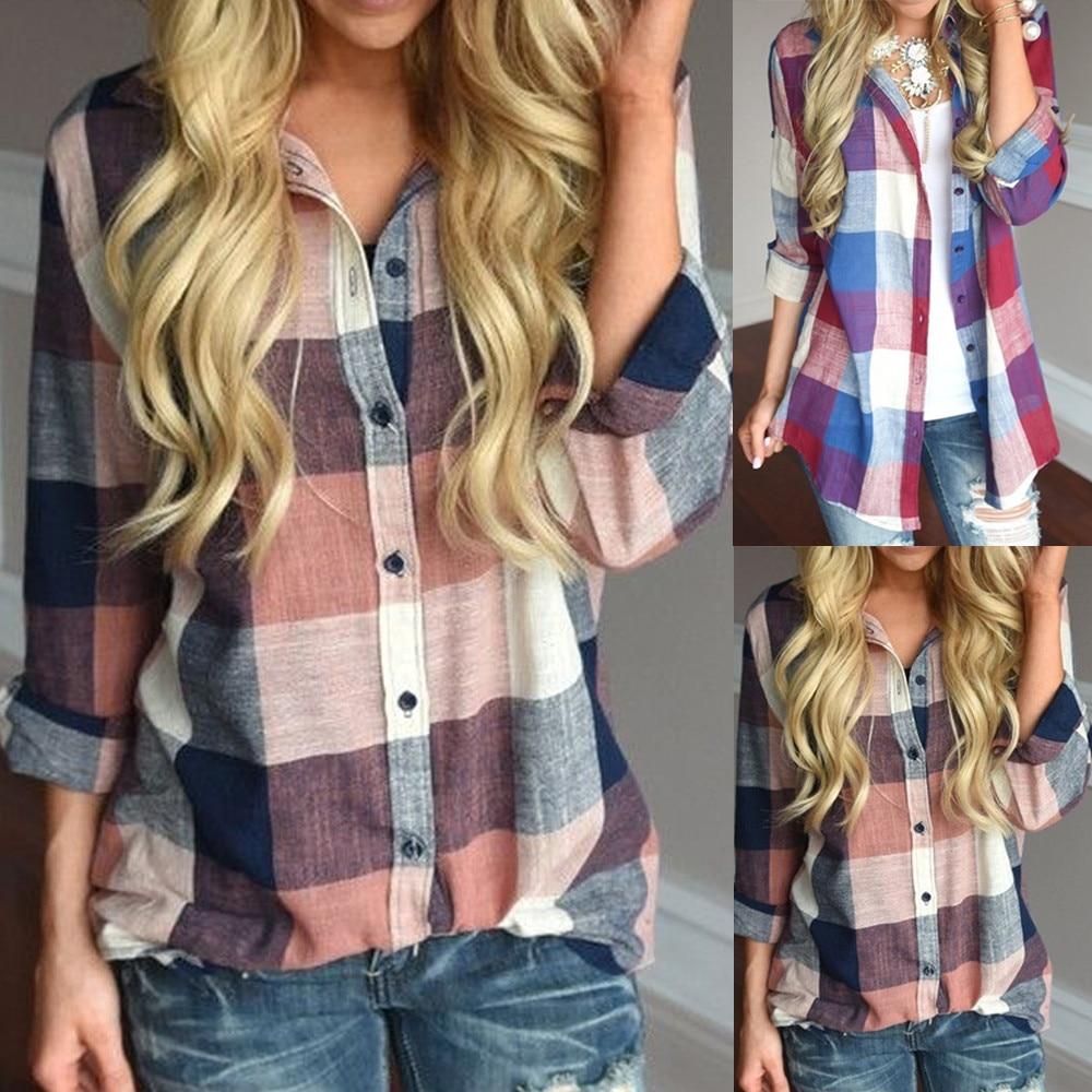 womens tops and blouses Female Casual Matching Color Long Sleeve Button Loose Plaid Shirt Top - Trend Catalog