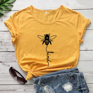 Cotton T Shirt Bee Kind Print Women Short Sleeve O Neck Loose Tshirt 2020 Summer Tee Shirt Tops