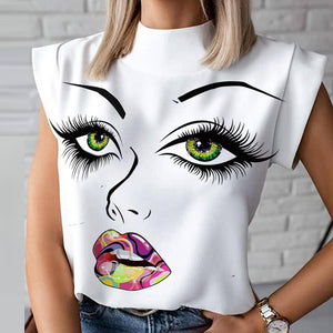 Women Elegant Lips Print blouse shirts 2020 Summer Casual Stand Neck Pullovers tops Ladies Fashion cute Eye Short Sleeve Blusa