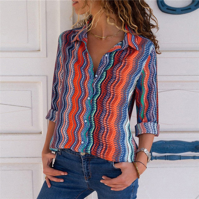 Women Blouses  Fashion Long Sleeve Turn Down Collar Office Shirt Chiffon Blouse Shirt Casual Tops