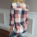 womens tops and blouses Female Casual Matching Color Long Sleeve Button Loose Plaid Shirt Top - Trend Catalog