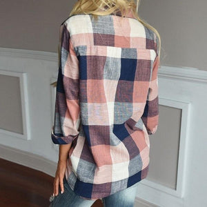 womens tops and blouses Female Casual Matching Color Long Sleeve Button Loose Plaid Shirt Top - Trend Catalog