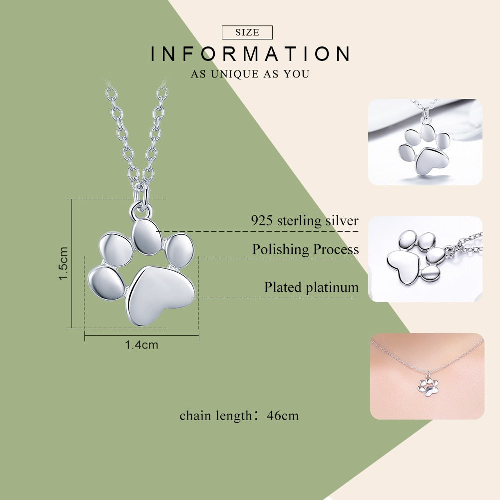 BAMOER Genuine 925 Sterling Silver Cute Animal Footprints Dog Cat Footprints Paw Necklaces Pendants Women Silver Jewelry SCN275