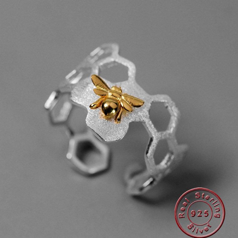 Amxiu 925 Sterling Silver Handmade Jewelry Adjustable Open Ring Gold Bee Honeycomb Rings for Women Bijoux Party Gift Accessories - Trend Catalog