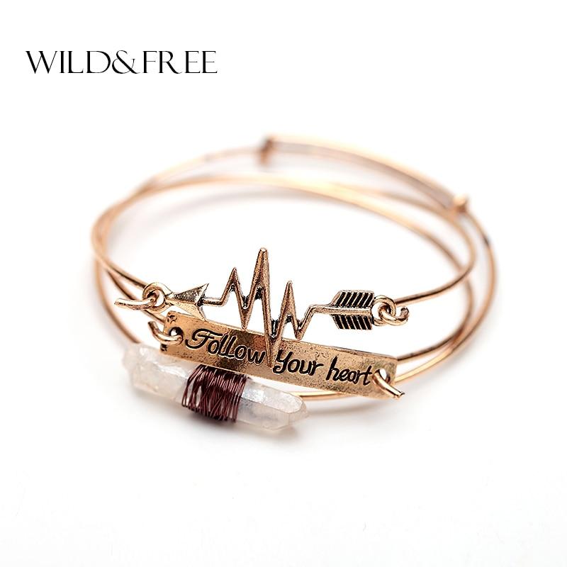 3PCS Handmade Alloy Cuff Bangles Set Vintage Gold&Silver Natural Stone Arrow Follow Your Heart Letter Infinity Bangle for Lover - Trend Catalog