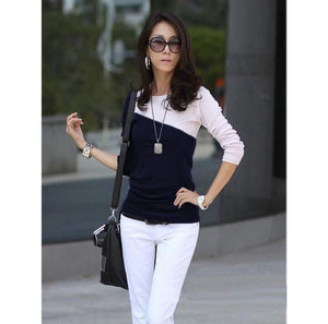 Autumn Spring Cotton Blend Women Round Neck Color Block Long Sleeve Long Sleeve T-Shirts - Trend Catalog