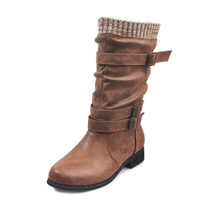 Women Winter Buckle Strap Pu Leather Chunky Heels Mid Calf Boots Woman Knitted Slip On Retro Boots Lady Casual Fashion Footwear - Trend Catalog - 