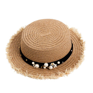 Women's Daisy Flower Rhinestone Inlaid Flat Top Hat Korean Style Spring Summer Straw Hat Beach Sports Hat