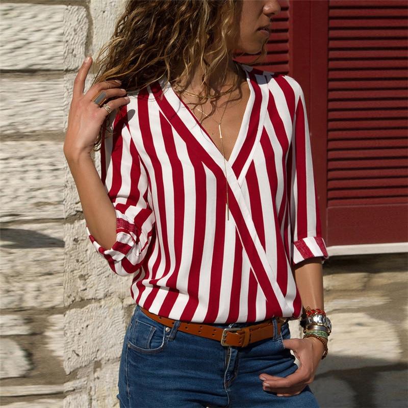 Women Striped Blouse Shirt Long Sleeve Blouse V-neck Shirts Casual Tops Blouse et Chemisier Femme Blusas Mujer de Moda - Trend Catalog