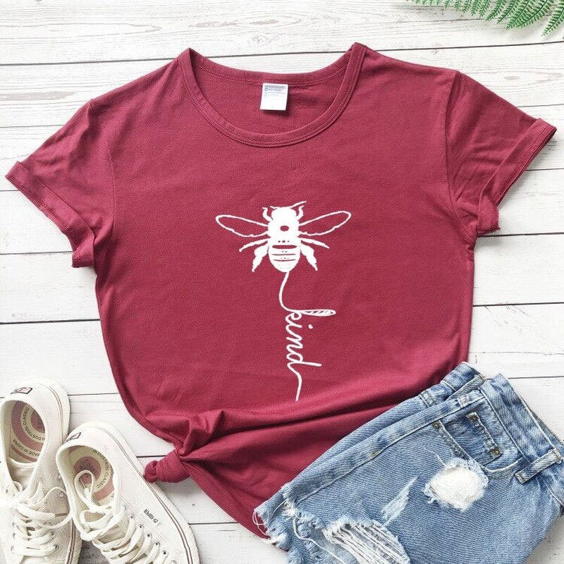 Cotton T Shirt Bee Kind Print Women Short Sleeve O Neck Loose Tshirt 2020 Summer Tee Shirt Tops