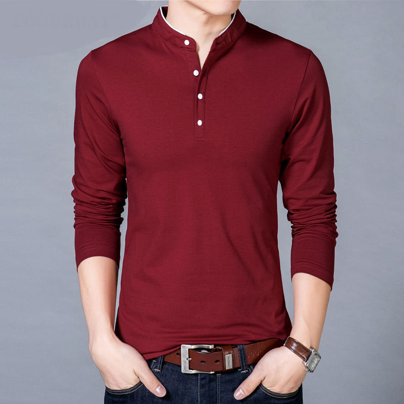 T-Shirt Men Spring Autumn New Cotton T Shirt Men Solid Color Chinese Style Mandarin Collar Long Sleeve Top Tee - Trend Catalog - 