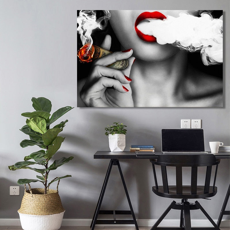 Modern Abstract Portrait Posters and Prints Wall Art Canvas Painting Women Smoke Money Oil Painting on the Wall Creative Decor
