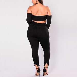 Women Holes Plus Size Jeans Pants Skinny Elastic Pencil Pants Mid Waist Black Jeans Woman Casual Spring 2-7XL Trousers