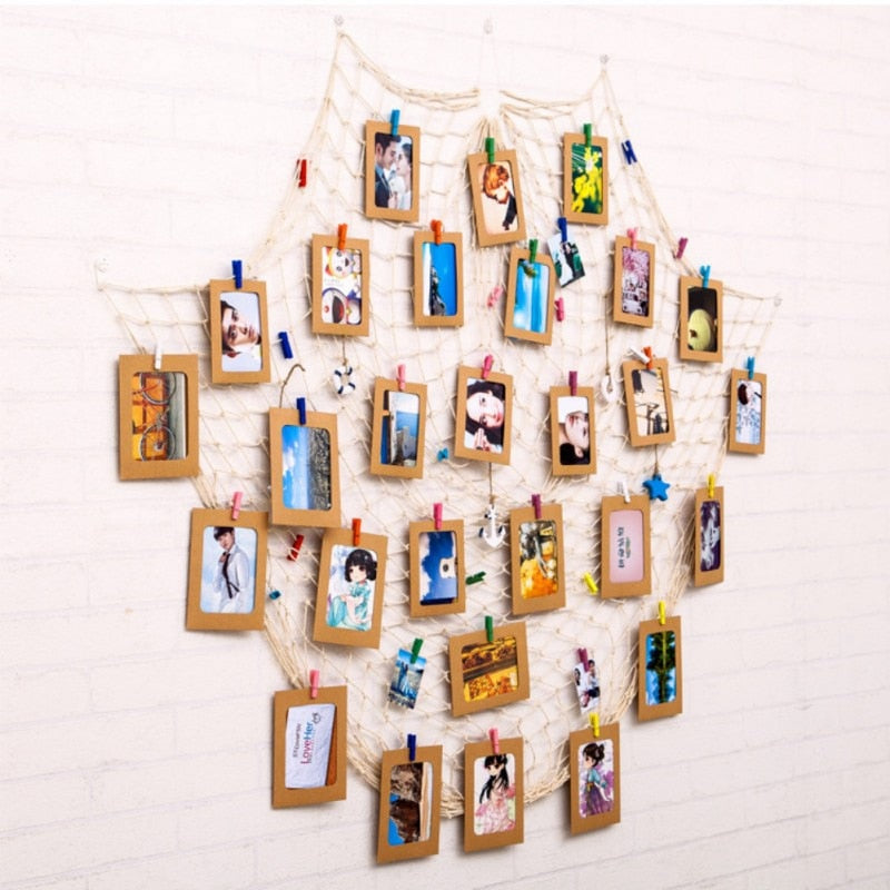 DIY Hanging Picture Photo Frame Display with Clip and Fishing Net Rope Wall Decor Props Wall Decor Photo Frame Set - Trend Catalog - 