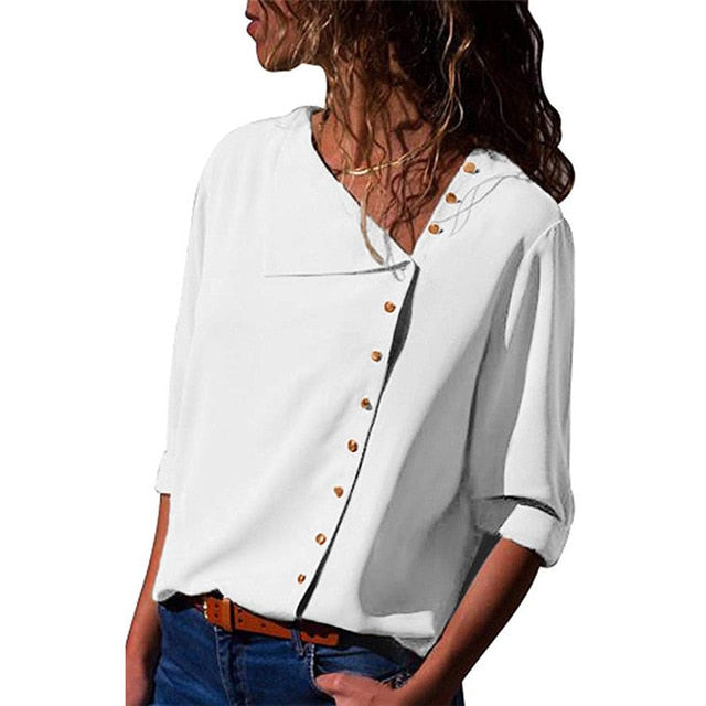 Chiffon Blouse  Long Sleeve Women Blouses and Tops Skew Collar Solid Office Shirt Casual Tops Blusas Chemise Femme - Trend Catalog - 