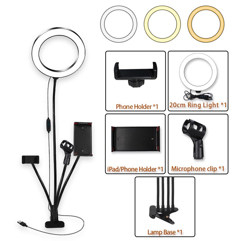 8inch LED Ring Light kit for Makeup Tutorial YouTube Video Live Stream For iPad Microphone Phone Holder Selfie Beauty Ring Light - Trend Catalog - 