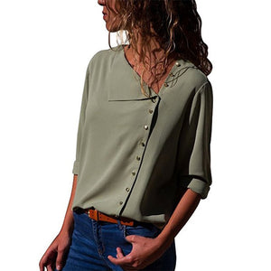 Chiffon Blouse  Long Sleeve Women Blouses and Tops Skew Collar Solid Office Shirt Casual Tops Blusas Chemise Femme - Trend Catalog - 