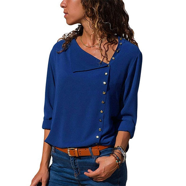 Chiffon Blouse  Long Sleeve Women Blouses and Tops Skew Collar Solid Office Shirt Casual Tops Blusas Chemise Femme - Trend Catalog - 