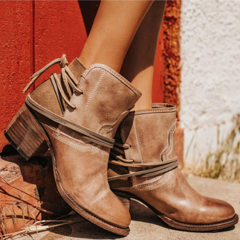 Ankle Boots Plus Size Women Retro High Heels Block Heel Shoes For Female Flock Buckle Strap Short boots woman shoes - Trend Catalog - 