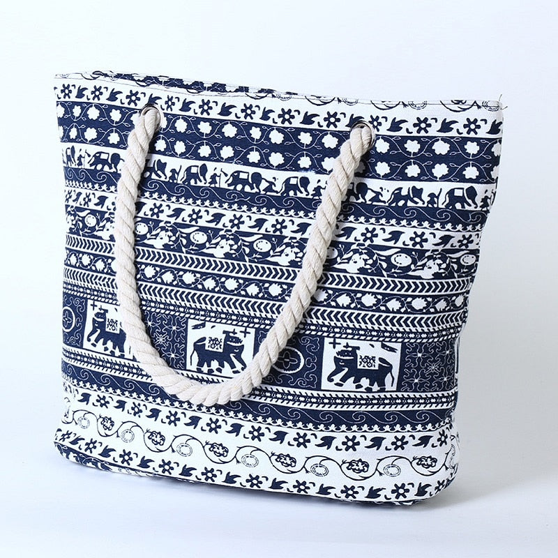 Fashion Canvas Casual Bags for Women Handbag Shoulder Bags Elephant Flower Pattern Large Female Shoulder Portable Bag - Trend Catalog - 