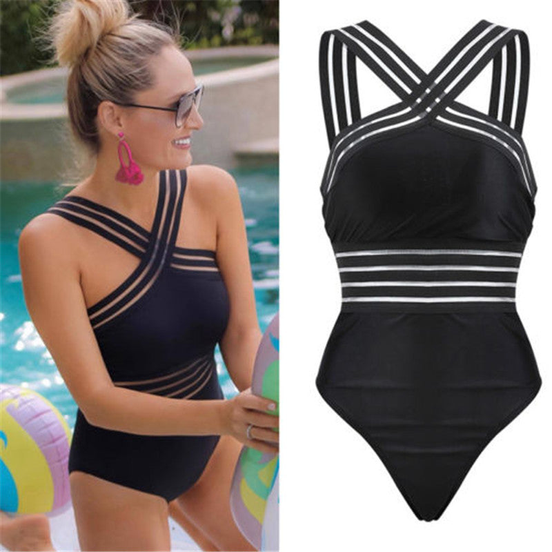 Sexy One Piece Swimsuit Women High Neck Bandage Cross Back Neck Monokini Black Swimwear Women Bathing Suits - Trend Catalog - 