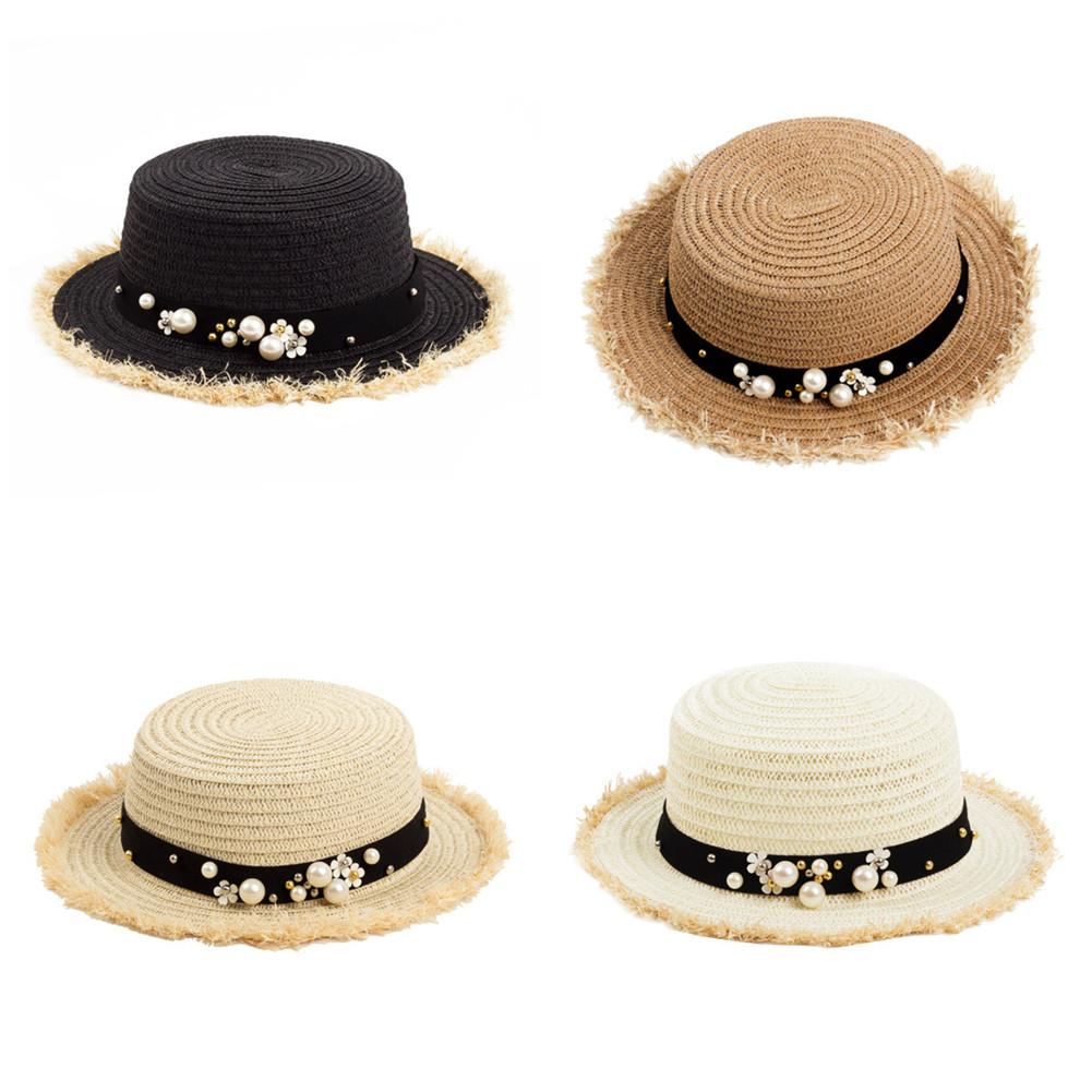 Women's Daisy Flower Rhinestone Inlaid Flat Top Hat Korean Style Spring Summer Straw Hat Beach Sports Hat