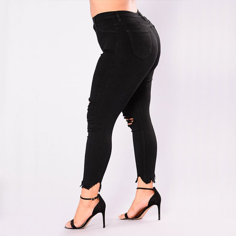 Women Holes Plus Size Jeans Pants Skinny Elastic Pencil Pants Mid Waist Black Jeans Woman Casual Spring 2-7XL Trousers