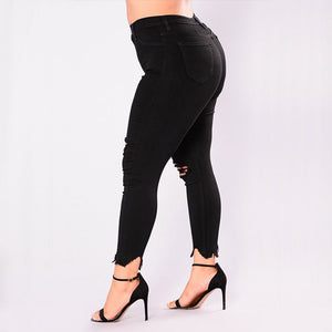 Women Holes Plus Size Jeans Pants Skinny Elastic Pencil Pants Mid Waist Black Jeans Woman Casual Spring 2-7XL Trousers