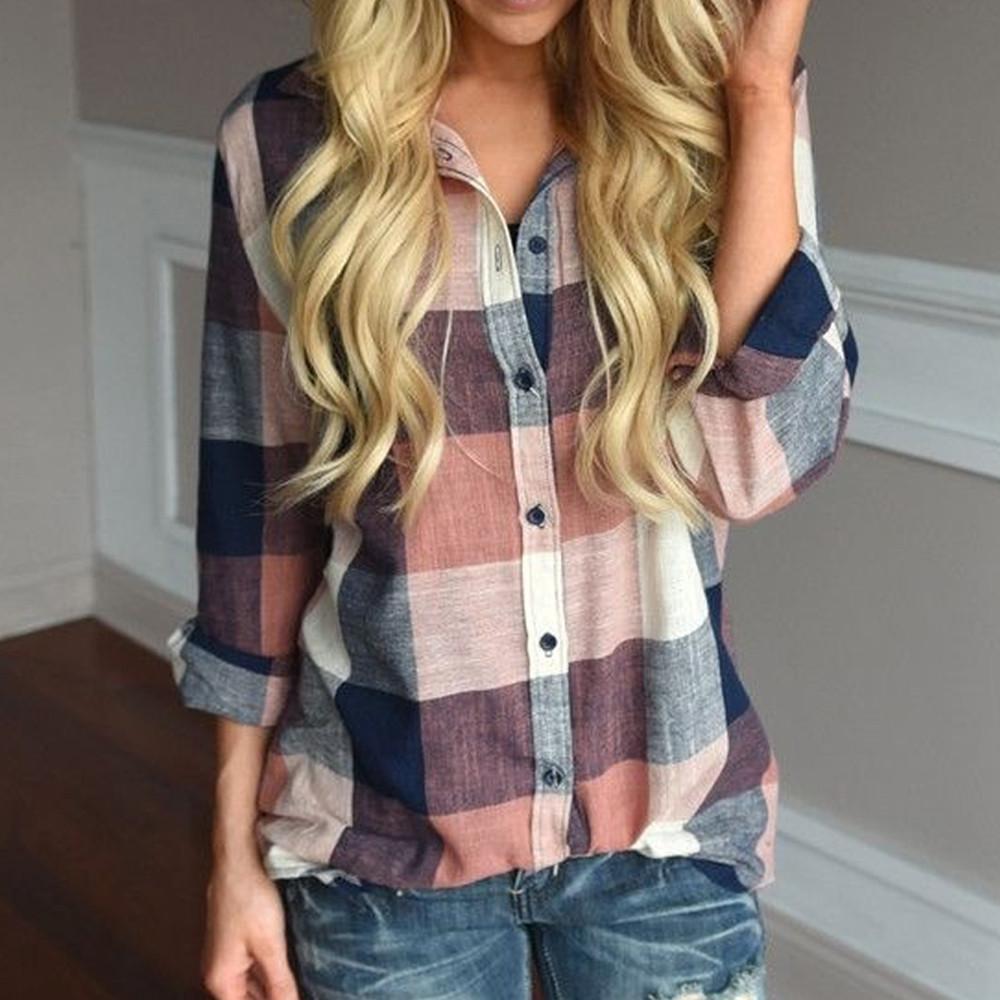 womens tops and blouses Female Casual Matching Color Long Sleeve Button Loose Plaid Shirt Top - Trend Catalog