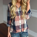 womens tops and blouses Female Casual Matching Color Long Sleeve Button Loose Plaid Shirt Top - Trend Catalog