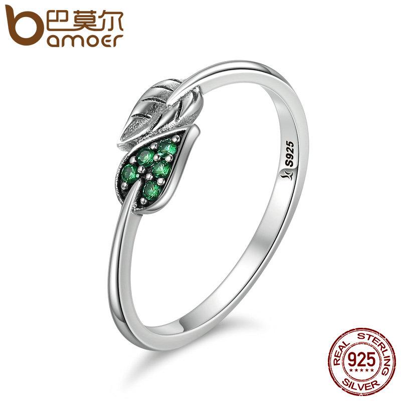 BAMOER 925 Sterling Silver Dancing Leaves Leaf Green jewerly Dazzling CZ Finger Rings. Accessories. - Trend Catalog - 